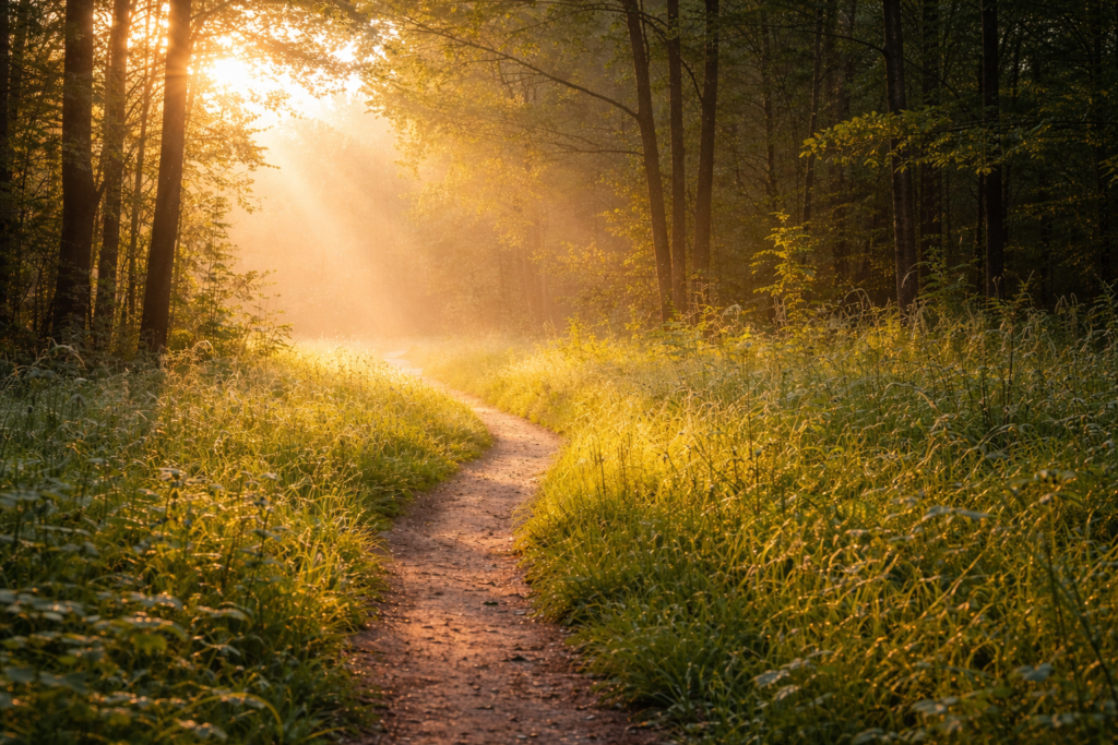 A sunlit forest path symbolizing a new beginning