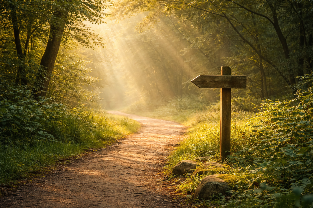 Sunlit path through serene woodland
