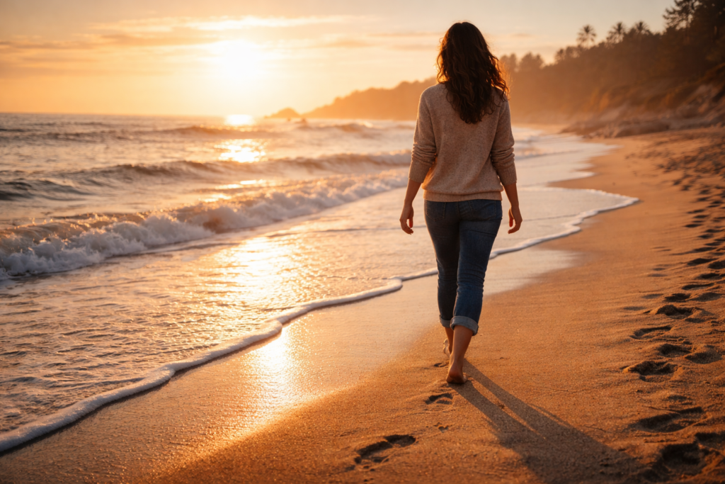Golden sunrise beach walk