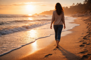Golden sunrise beach walk