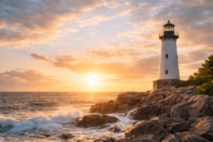 Lighthouse at sunrise by the sea