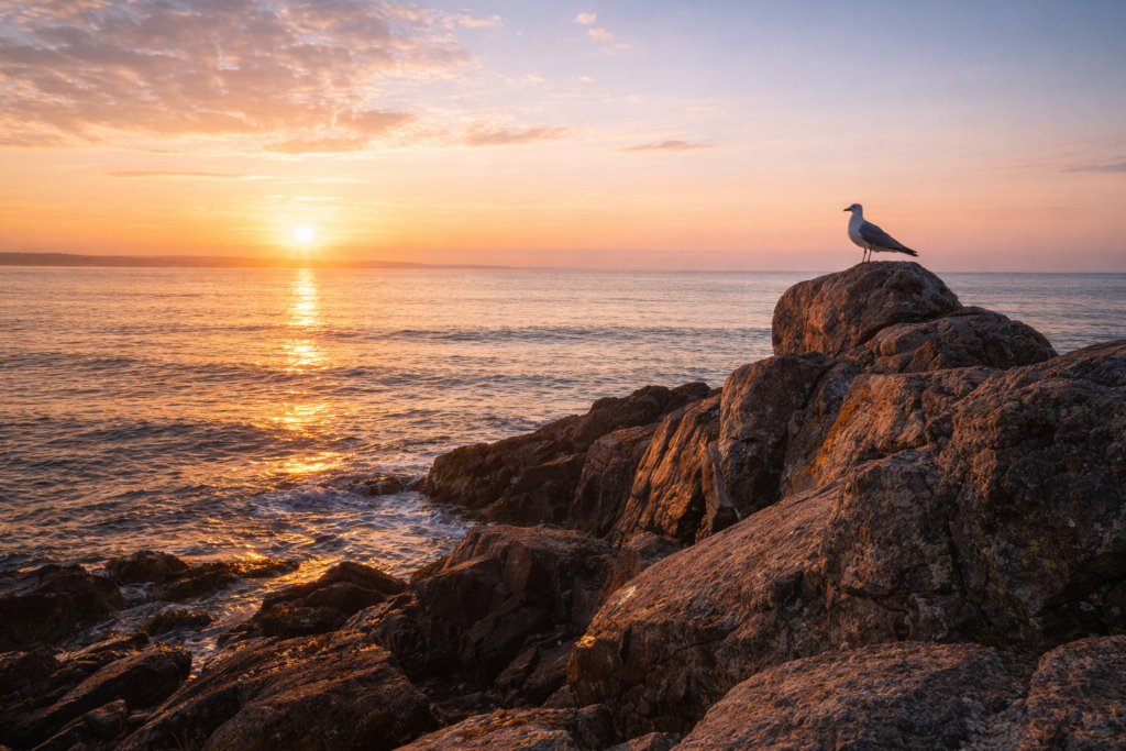 Golden sunrise over serene coastline