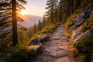 Sunlit mountain path at dawn