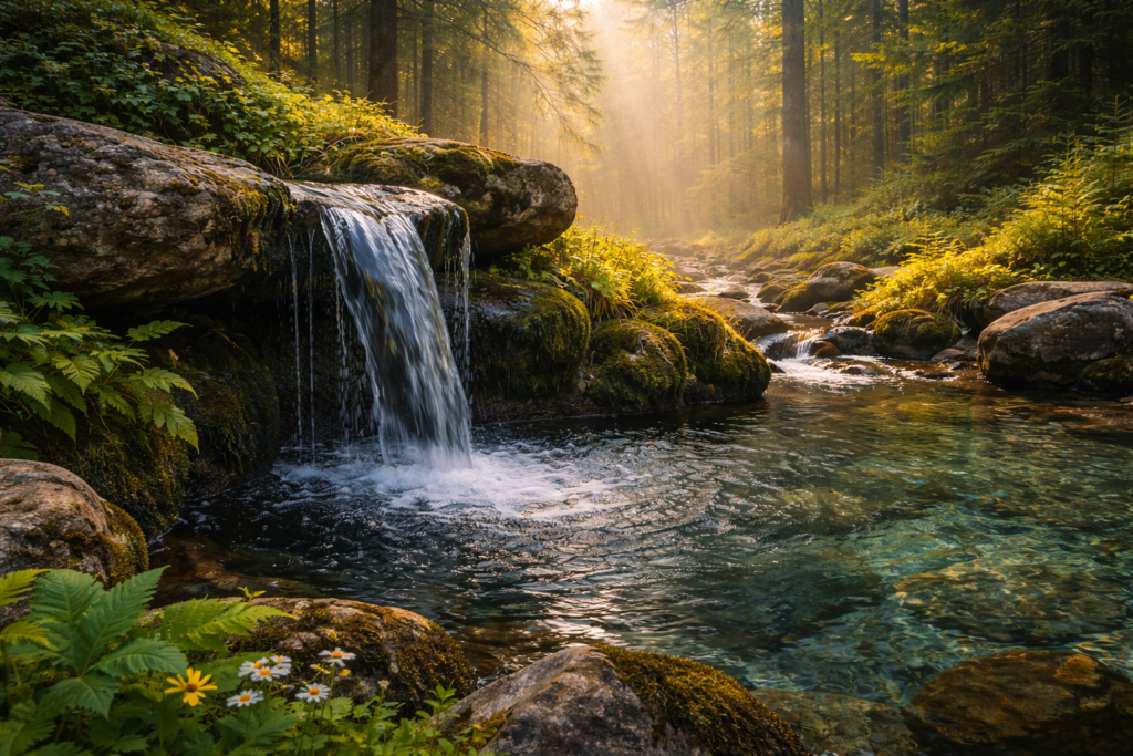 Morning mist over forest waterfall