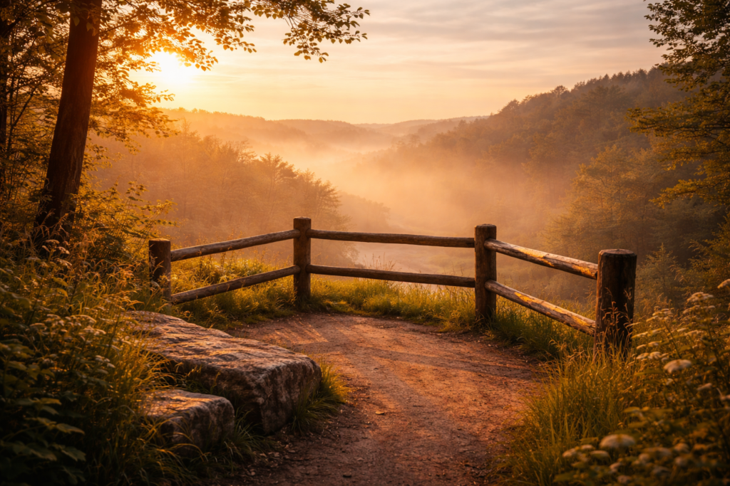 Misty sunrise over coutryside overlook