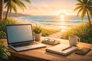 Quiet workspace with beach sunrise